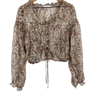 Lush Womens Crop Top Blouse Large Animal Print Sheer Beige Brown Long Sleeve